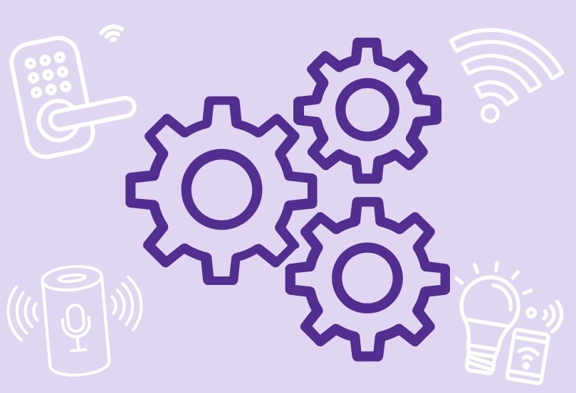 Three interlocking purple gears on a light purple background. Around the gears are white line icons symbolizing smart technology: a keyless entry pad, voice assistant speaker, lightbulb with remote, and a Wi-Fi signal, representing automation and accessibility in daily living.