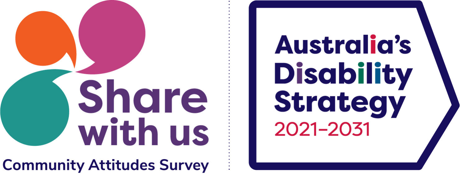Graphical images representing the Share with us Community Attitudes Survey and Australia's Disability Strategy 2021-31