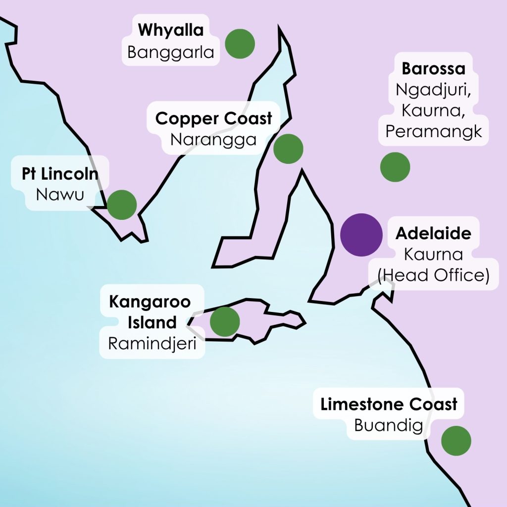 Map showing six regions of SA where SKILL SA peer networks are run - Whyalla, Copper Coast, Kangaroo Island, Barossa, Adelaide and Limestone Coast.
