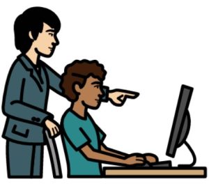 Cartoon drawing of a man with black hair standing behind a seated man with brown hair who is looking at a computer in front of him. The man behind is pointing at the computer.