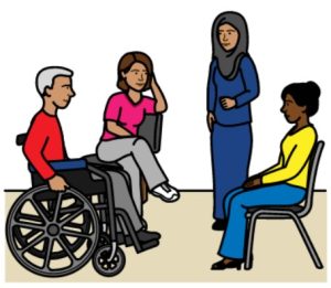 Cartoon drawing of 4 people gathered around. From left to right, there is a man with grey hair in a wheelchair, a woman with brown hair sitting down, a woman with a hijab standing up and a woman with black hair sitting down.