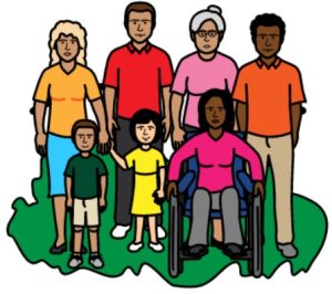 Cartoon drawing of a group of 7 people. They are of different ages and ethnicities.