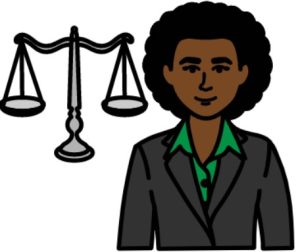 Cartoon drawing of the scales of justice and a woman with black hair who is wearing a suit.