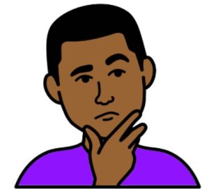Cartoon drawing of a man in purple t-shirt with his hand touching his chin and an expression to show he is thinking.