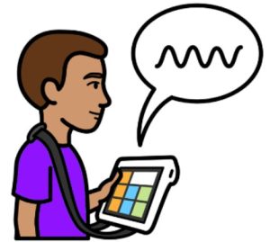 Cartoon drawing of a man with brown hair, holding a device that helps him communicate. There is a speech bubble coming from the device with a squiggle inside of it.
