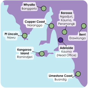 Map showing eight regions of SA where Purple Orange has a presence - Whyalla, Copper Coast, Pt Lincoln, Kangaroo Island, Barossa, Berri, Adelaide and Limestone Coast.