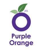 Purple Orange logo. A thick, outlined purple circle with green leaves on top. The words ‘Purple Orange’ are written underneath in the colour purple.
