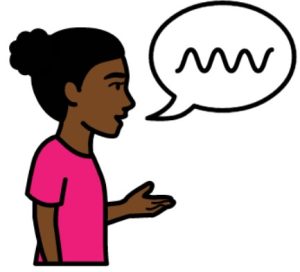 Cartoon drawing of a woman with black hair and a pink t-shirt. She has her left hand lifted, palm facing upward. There is a speech bubble to the right with a squiggle inside it.