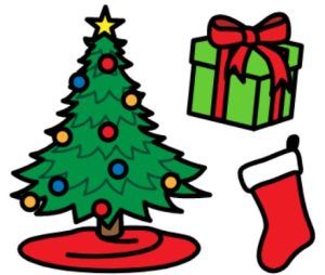 Cartoon drawing of a Christmas tree, a green present with a red bow on it and a Christmas stocking.