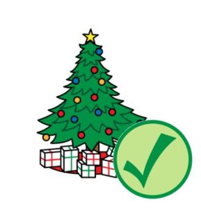 Cartoon drawing of a Christmas tree with a green tick next to it.