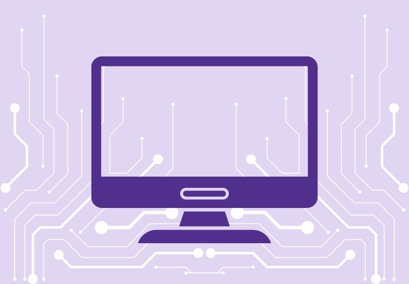 Light purple graphic with a dark purple desktop monitor icon and white lines representing a circuit in the background.