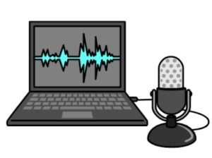 Cartoon drawing of a laptop with a microphone plugged into it.