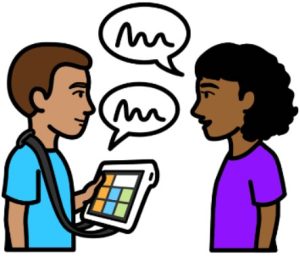 Cartoon drawing of a man and a woman talking. The man has brown hair and is using a communication device. The woman has black hair.